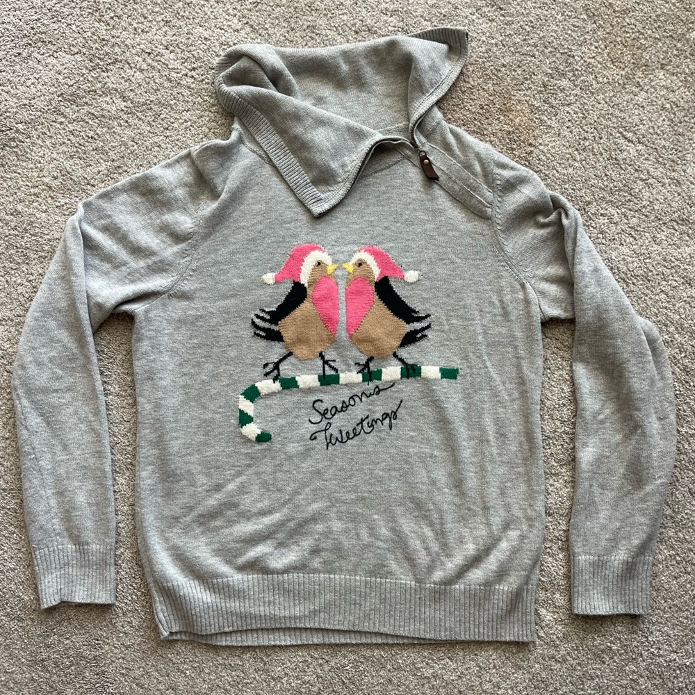 Talbots Christmas Seasons Tweetings Bird Sweater with Zipper Cowl Neck Large